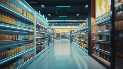 includes shelves filled with various grocery items, bright lighting, and a clean, organized shopping environment