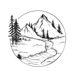 Black and white landscape illustration of grassland or savanna with fir and pine trees with mountains in the background