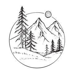 landscape illustration of grassland or savanna with fir and pine trees with mountains in the background