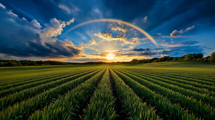 Obraz premium Bright rainbow over a rural landscape after a rainstorm, colorful weather, hope and renewal