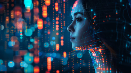 The woman's face is shown in a computer-generated image with many bright colors and dots. Abstract background. Copy space and technology.