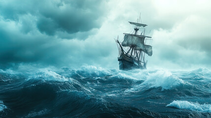 Obraz premium old Ship navigating through rough seas with copy space.
