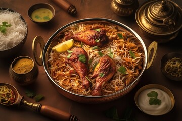 Indian Local Food Chicken Biryani: Aromatic Basmati Rice with Spiced Marinated Chicken and Fragrant Herbs