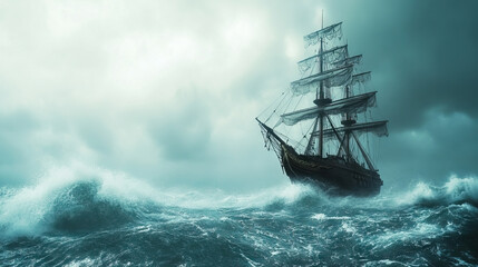Obraz premium vintage large sailing ship sailing on big waves in a stormy sea with copy space.