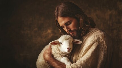 A man is holding a lamb in his arms. The lamb is white and the man is wearing a white robe. Concept of warmth and love, as the man is caring for the lamb