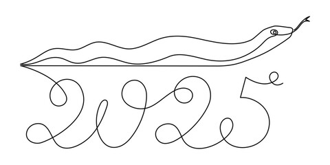 2025 year of snake one line art, hand drawn continuous contour.Holiday concept,festive New year chinese astrological horoscope, poisonous reptile serpent outline.Editable stroke.Isolated.Vector