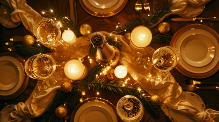 Elegant dinner table with champagne glasses clinking, golden bubbles, and warm festive atmosphere