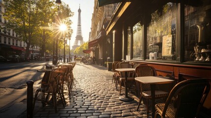 Parisian Cafe at Sunrise with the Eiffel Tower