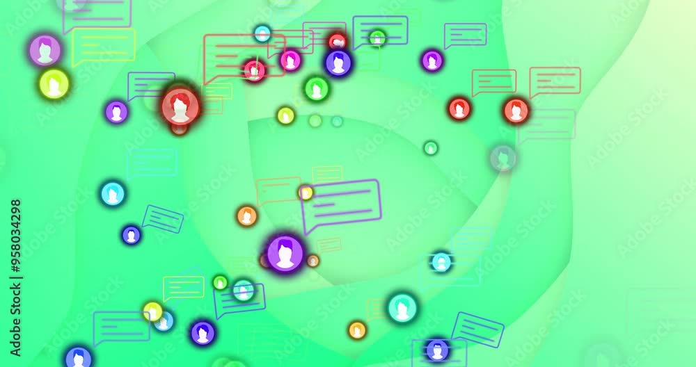 Poster social media interaction animation over green abstract background with user icons and chat bubbles