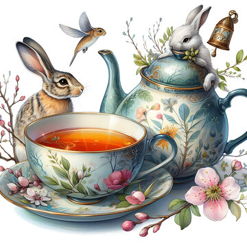 The March Hare&rsquo;s Teacup and Saucer, watercolor clipart illustration with isolated background