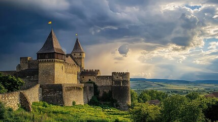 Fototapeta premium Medieval Castle with Dramatic Clouds