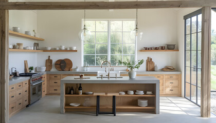 Modern interior design of kitchen with island in farmhouse.Interior kitchen design, modern rustic style, light wood cabinets.