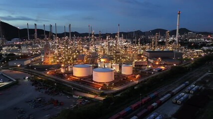 Oil Refinery plant at sunset. Gas Chemical Equipment Prodiction import export Concept, Crude Oil Refinery Plant Steel Pump Pipe line and Chimney and Cooling tower, Chemical Petrochemical