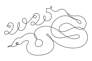 2025 year of snake one line art, hand drawn continuous contour.Holiday concept,festive New year chinese astrological horoscope, poisonous reptile serpent outline.Editable stroke.Isolated.Vector