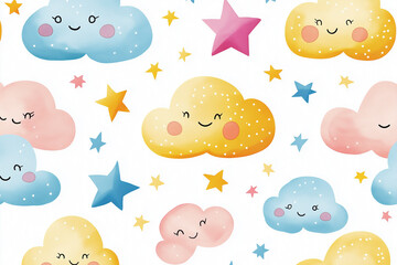 Seamless pattern pastel clouds and stars on a white background