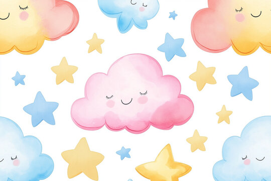 Seamless pattern pastel clouds and stars on a white background
