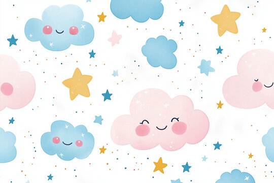 Seamless pattern pastel clouds and stars on a white background