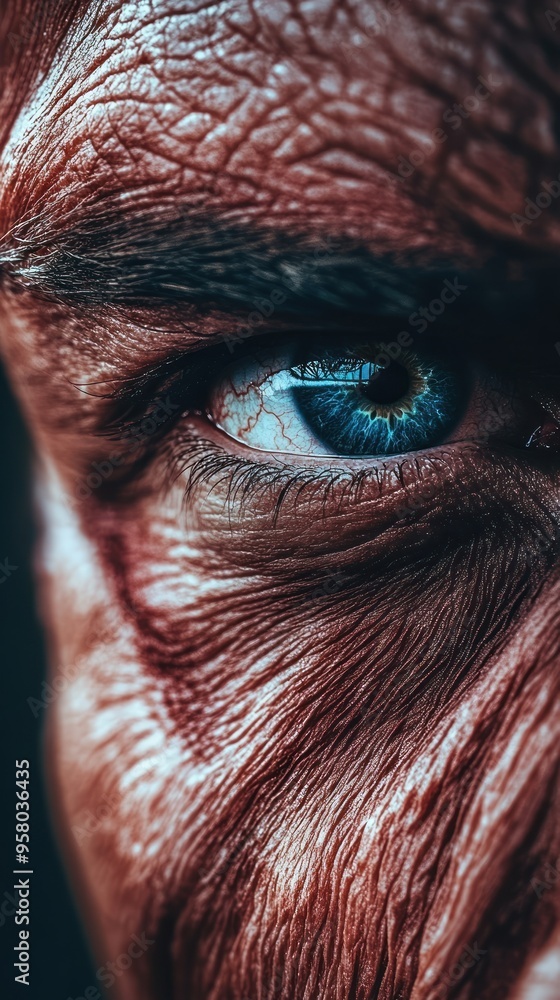 Sticker Close-up of a blue eye with wrinkles around it, looking intense and focused.