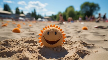 A smiling sun toy is sitting in the sand on a beach