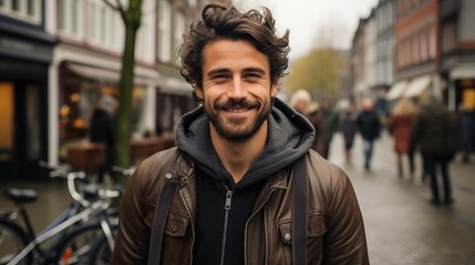 Obraz premium A man with a beard and a black hoodie is smiling in front of a group of people