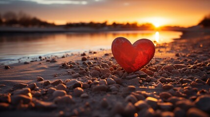 Fototapeta premium A red heart is laying on the beach near the water