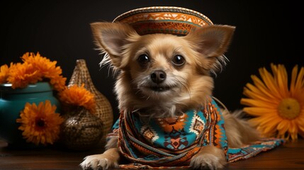 A small brown dog is wearing a colorful hat and scarf