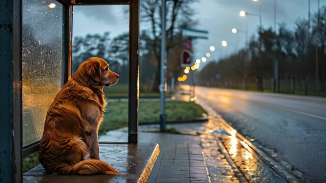 A lonely dog waiting at a bus stop on a rainy evening in the city