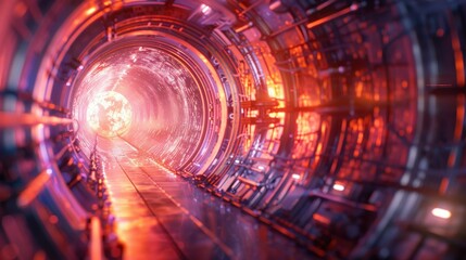 Obraz premium Futuristic Red Tunnel with Glowing Lights - Sci-Fi Background