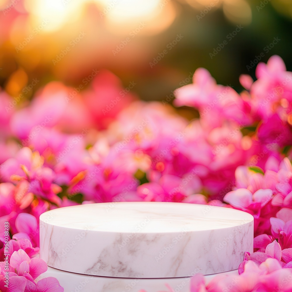 Poster Marble Podium with Pink Flowers Background.