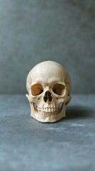 Fototapeta premium A human skull sits on a gray background.