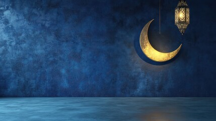 Ramadan crescent on modern blue wall background. Design creative concept of islamic celebration day ramadan kareem or eid al fitr adha, copy space text area, 3D illustration