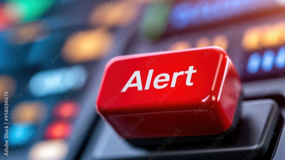 Poster a red button on a computer keyboard that says alert, ai