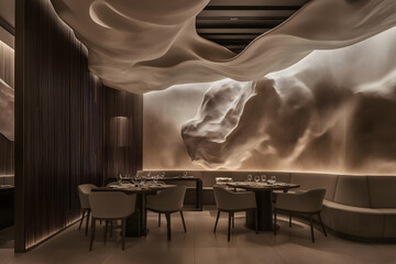 Elegant Restaurant Interior: Natural Rock Cream Walls, Cream Stone Floors, and Dark Wood Furnishings with Dim Moving Lights