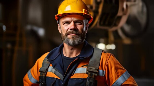 A skilled worker wearing safety gear stands confidently in a well-lit industrial workshop during the day