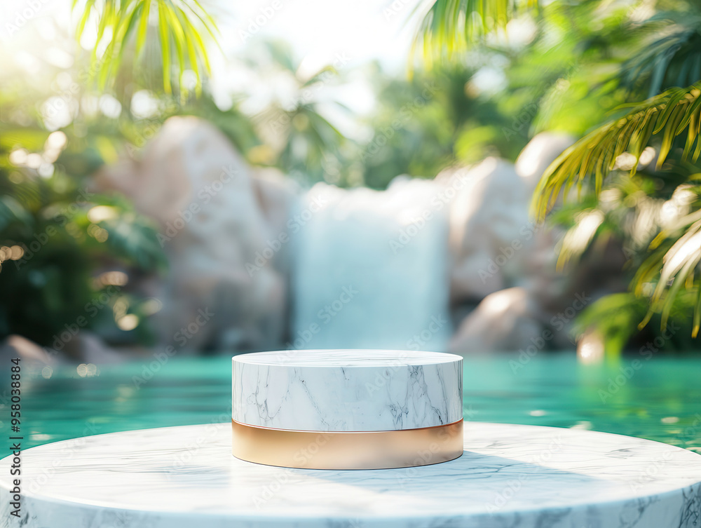 Wall mural White Marble Podium With Gold Trim In Front Of Waterfall.