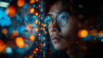 Portrait of a young Asian man near a bright holographic screen in a modern technology office. Technology and business concept.