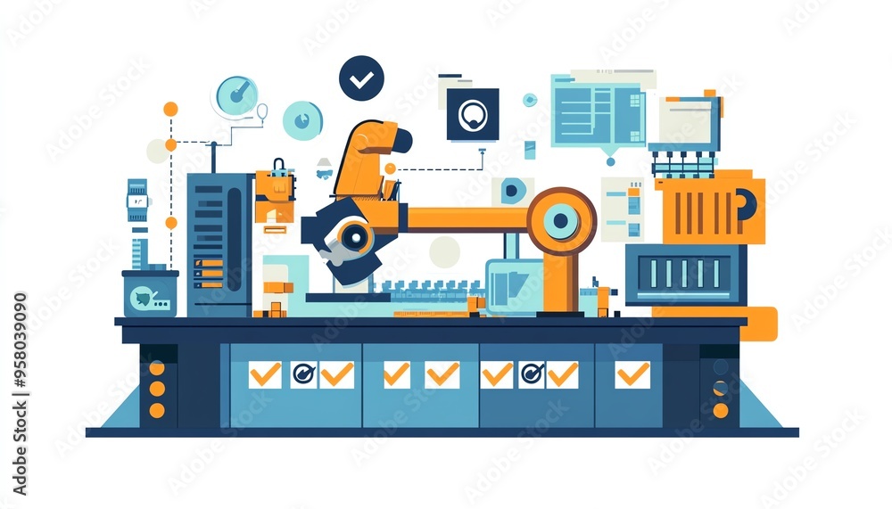 Aufkleber Automation in industrial business processes, showcasing workflow optimization with checkboxes and visual elements of enhanced efficiency and productivity