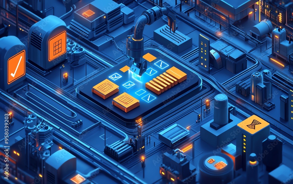 Aufkleber Automation concept featuring industrial business process workflow optimization, with checkboxes and visual elements of streamlined operations