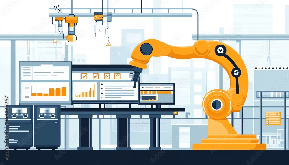 Aufkleber Automation in industrial business processes, showcasing workflow optimization with checkboxes and visual elements of enhanced efficiency and productivity
