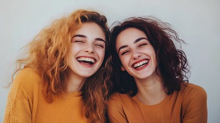 Funny best friends laughing cheerfully while standing together in a studio