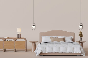 Beige bed, elegant sideboard with minimalistic decor, complemented by stylish pendant lights. Calm, modern vibe. Furniture store concept. Interior design. Bedroom furnishings. Home staging. 3D.