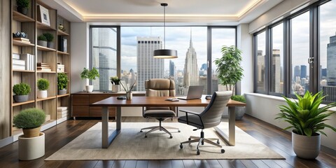 Fototapeta premium A chic New York City office featuring sleek furniture and stylish decor, where a young interior designer can