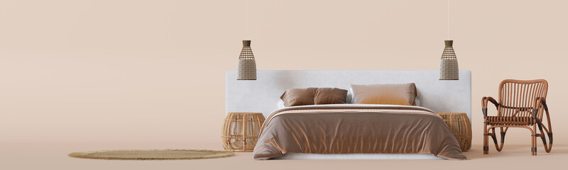 Chic bed, flanked by unique woven bedside tables and accented with stylish pendant lights, set against soft neutral backdrop for a relaxing ambiance. Furniture store concept. Bedroom furnishings. 3D.