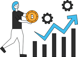 The girl is standing near the graph setting with a bitcoin in her hand.