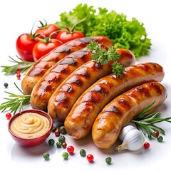 Variety of Grilled Sausages on White Background: Perfect for Any Meal. Grilled. Sausages. Variety. Meal. Tasty.