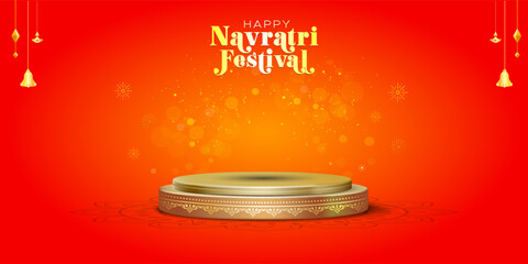Golden podium on festive red sparkle background with Happy Navratri festival typography. Luxury, Indian Modern, golden, Podium, Showcase stage design for Product display. 