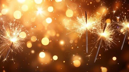 Fototapeta premium Sylvester New Year, New Year's Eve 2025 party event celebration holiday greeting card - Closeup of sparkling sparklers and bokeh lights in the background