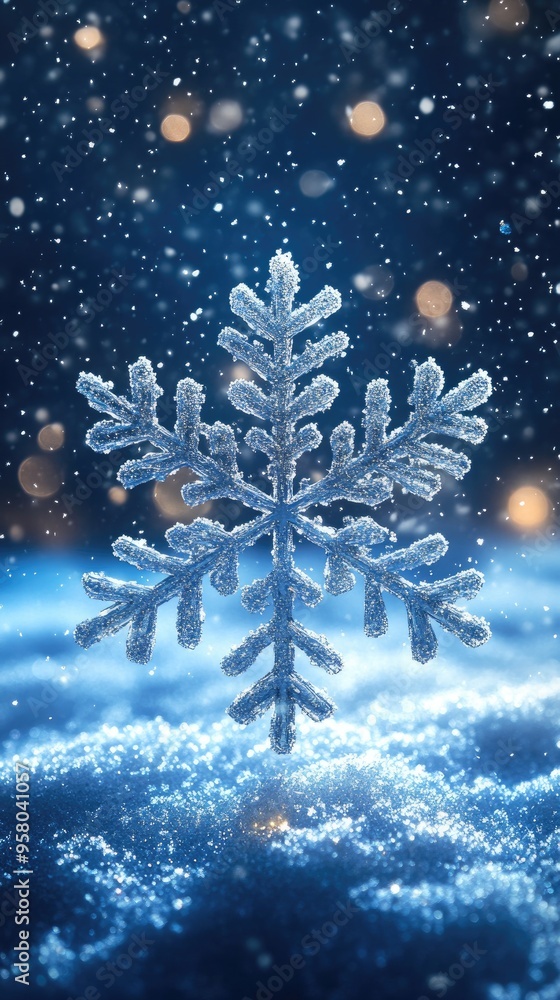 Poster a sparkly snowflake sits in the snow. this image is perfect for adding a touch of winter magic to yo