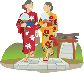 石畳を歩く浴衣を着た女性のイラスト