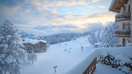 Serene winter morning from a ski resort balcony, with snow covered slopes and early skiers on the horizon